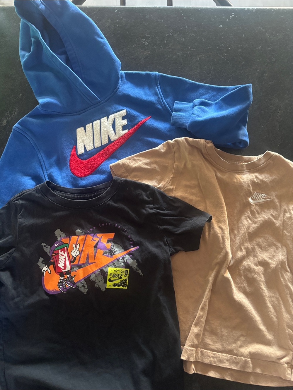 Nike Kids Blue Hoodie, Black Graphic Tee & Tan Tee Set